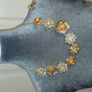 Gold Flower Rhinestone Necklace With Matching Earrings